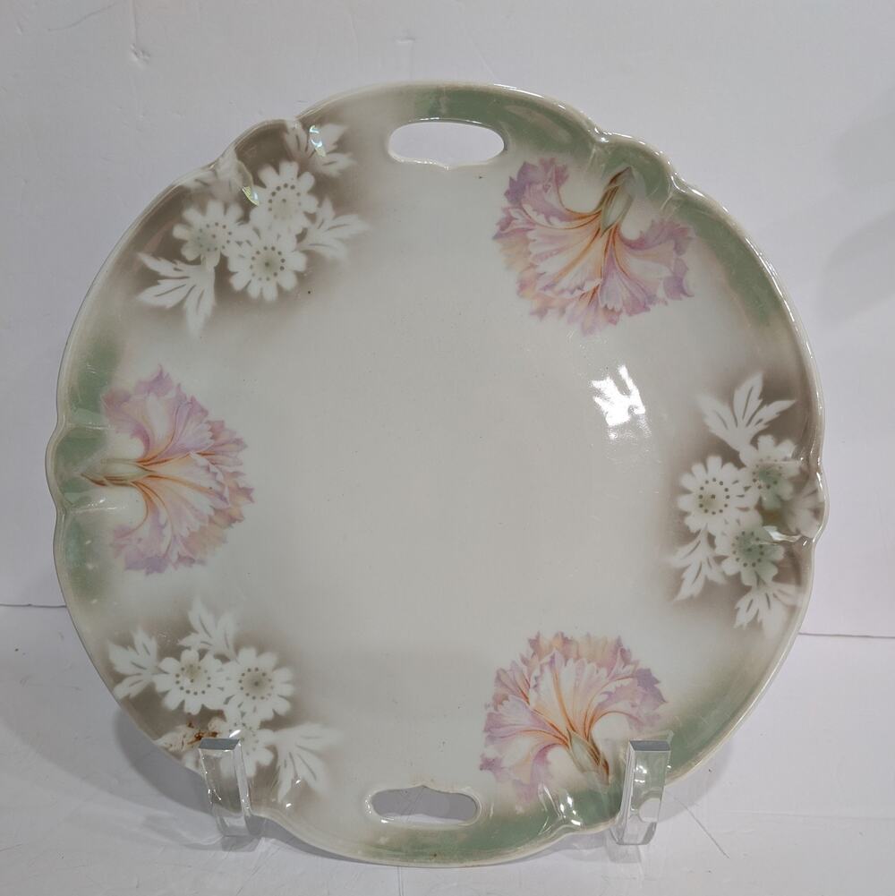 Vintage Oremont Bavaria Handled Porcelain Cake Plate 10.5" Floral Carnation